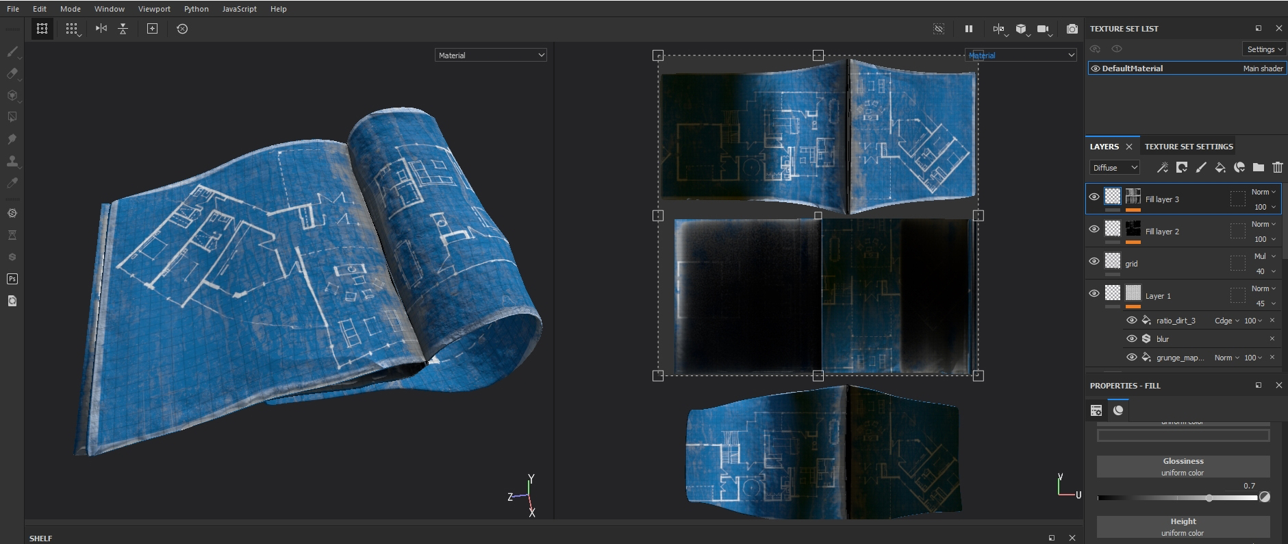 Texturing the blueprint in Substance Painter.